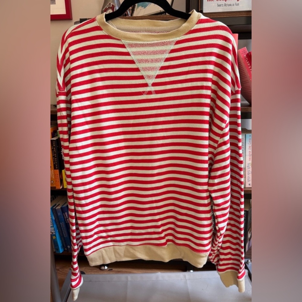 We The Free Mint and Red Striped Knit Sweater with Cream Trim